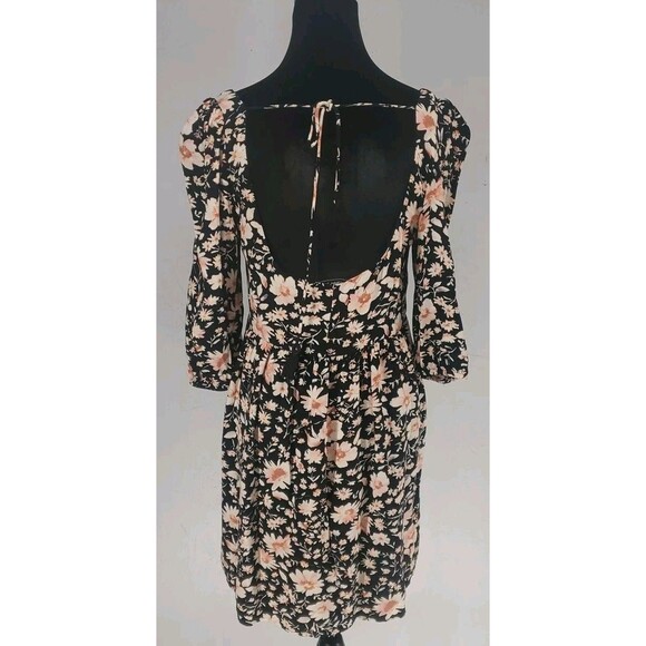 American Eagle 3/4 Sleeve Black Floral Boho Peasant Mini Dress Size Small - Picture 3 of 6
